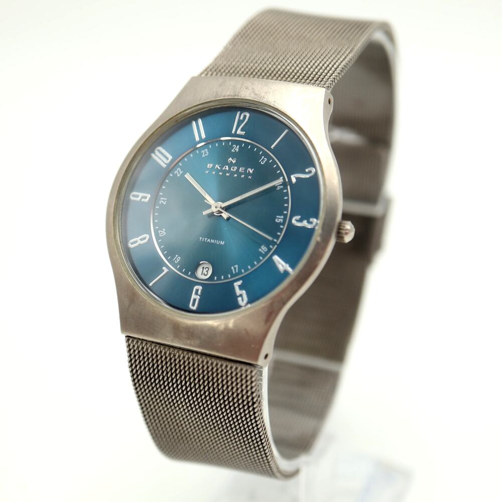 Skagen Titanium Mens Blue 37mm Date Watch Slim Dress Mesh w New Battery